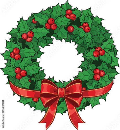 Festive christmas wreath with holly berries and red ribbon