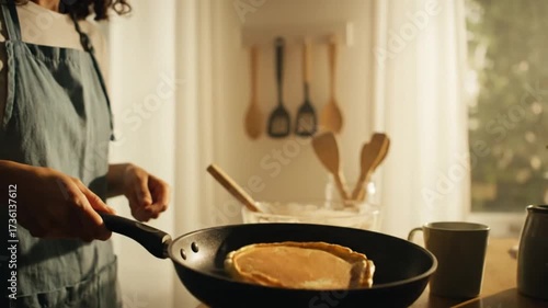 A person in a blue apron cooks a golden pancake in a frying pan, illuminated by soft light in a warm kitchen setting.