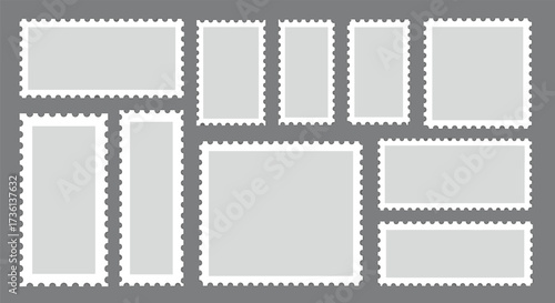 Collection of Blank Postage Stamp Frames in Various Rectangular Sizes on a Gray Background Keywords: blank, border, collection, frame, gray, postage, postal, stamp, rectangular, square, stationery
