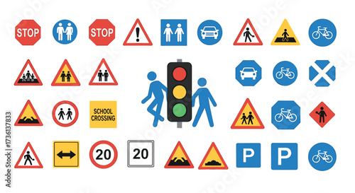 Collection of diverse traffic and road safety signs and symbols on a white background Keywords: traffic signs, road signs, safety signs, stop sign, pedestrian crossing, bicycle symbol, traffic
