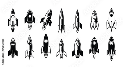 Collection of fifteen black rocket ship icons in various styles and orientations on a white background