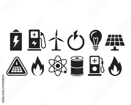 A collection of flat black icons representing various energy sources, including solar, wind, nuclear, and fossil fuels.