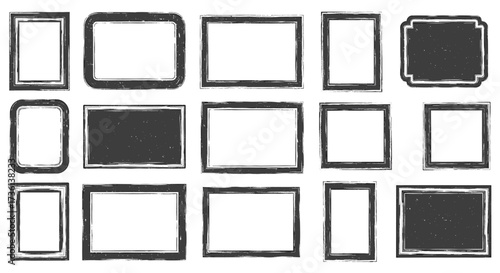 Collection of fifteen grunge and distressed rectangular and square frames with dark textured borders on a white background Keywords: frame, border, grunge, distressed, textured, dark, black
