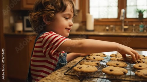A young child in a kitchen reaches for a chocolate chip cookie from a cooling rack.