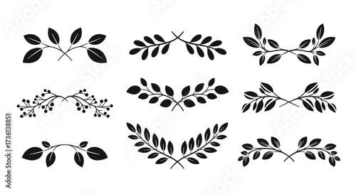 Collection of nine black botanical decorative elements and dividers with leaves and branches on a white background
