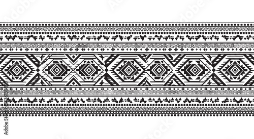 Ornate black and white tribal pattern border isolated on white background, showcasing intricate geometric shapes and ethnic design elements