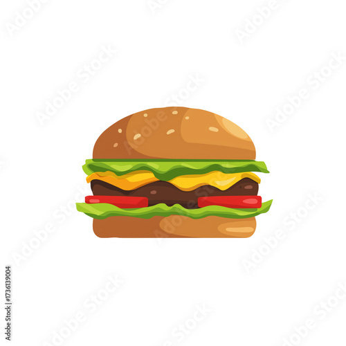 flat 2D icon vector illustrator of hamburger with lettuce, tomato, and cheese, with copy space, white background