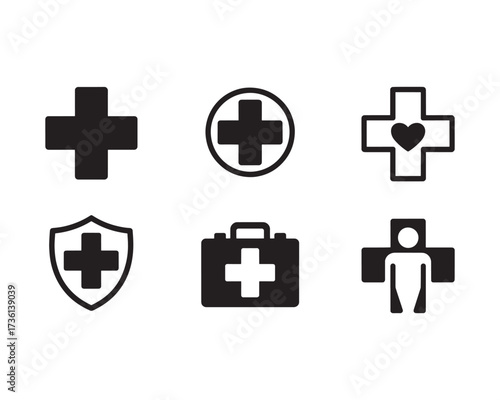 A collection of six black medical and healthcare icons, including a first aid kit, shield, and heart symbol.