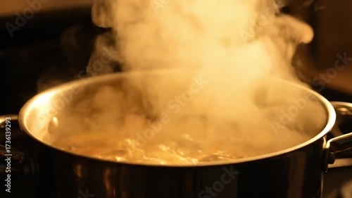 Billowing golden steam rises from a vigorously boiling pot, hinting at the warmth and aroma of a dish being prepared.