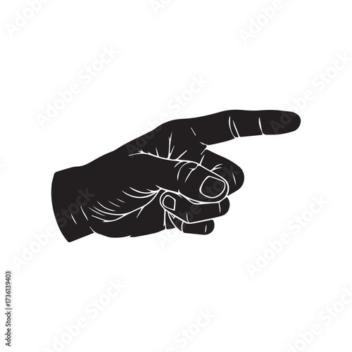 Black silhouette of a pointing hand on white background