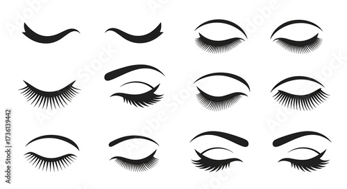 Collection of twelve black silhouette icons representing eyelashes and closed eyes with various styles on a white background