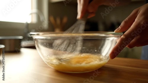 Energetic whisking of golden liquid in a clear bowl on a warm kitchen counter, hinting at the delightful preparation of a meal or dessert.