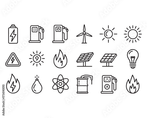 A collection of line icons representing various energy and power sources like solar, wind, fossil fuels, and electricity.