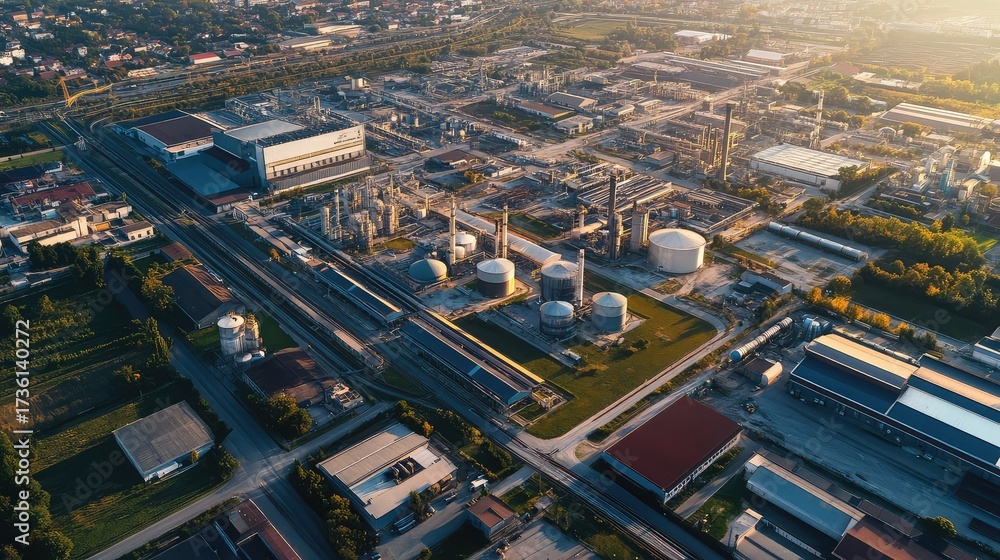 Naklejka premium Aerial view of industrial plant with oil refinery tanks