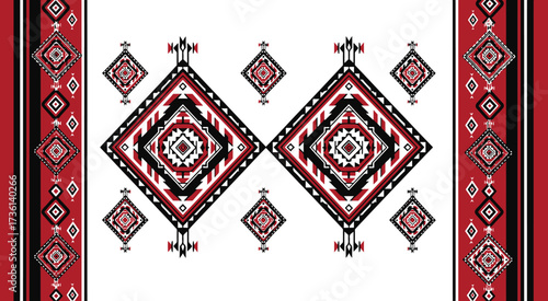 Intricate tribal pattern isolated on white background featuring geometric diamond shapes and decorative borders, creating a visually captivating design element