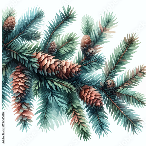 Seamless pattern blue spruce branches, christmas wreath with and flowers. Hand drawn illustration Coniferous tree branch 