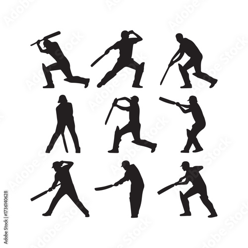 Cricket player silhouettes in batting stances sport