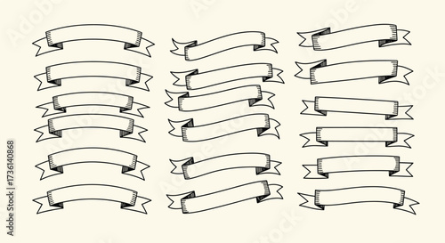 Hand drawn black and white ribbon banners in various shapes and styles on a beige background Keywords: ribbons, banners, labels, tags, frames, decorative, hand drawn, doodle, sketch, outline, black