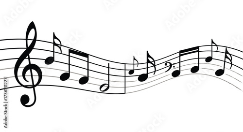 Musical Notes and Treble Clef on a Wavy Staff with Gray Lines Keywords: music, notes, treble clef, staff, musical notation, music sheet, melody, song, rhythm, sound, audio, instrument, composition