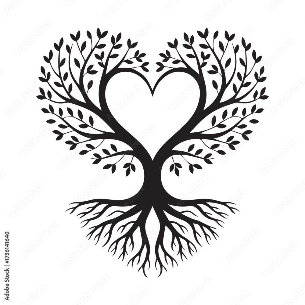 Obraz premium Heart shaped tree with roots and leaves Keywords: tree, heart, love, roots, branches, leaves