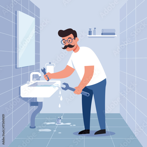 Plumber Repairing Leaking Pipe in Bathroom