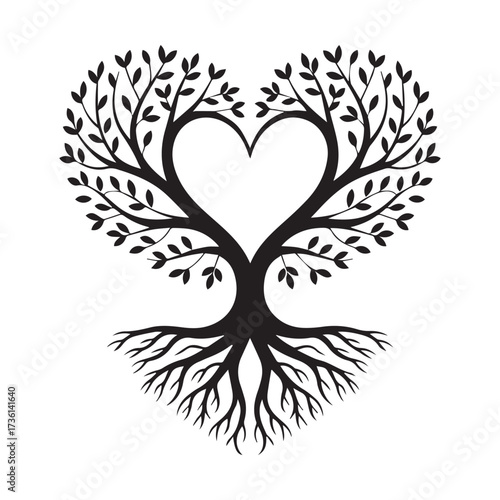 Heart shaped tree with roots and leaves Keywords: tree, heart, love, roots, branches, leaves