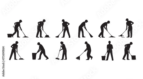 Janitor Cleaning with Mop and Broom Silhouettes cleaner