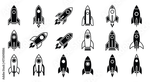 Rocket Ship Icons Set Vector Black and White Collection Keywords: rocket, spaceship, space, launch, travel, exploration, science, technology, futuristic, icon, symbol, graphic, illustration
