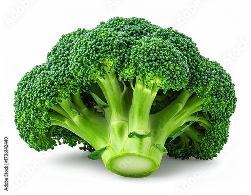 Fresh Green Broccoli Head Isolated on White Background Detailed Macro Shot of Healthy Vegetable Nutrient Rich Ingredient Natural Food Raw Produce Still Life