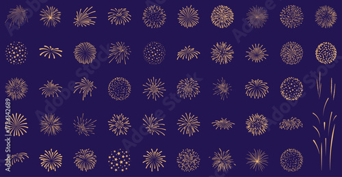 Fireworks set, gold vector collection, New Year flat icons