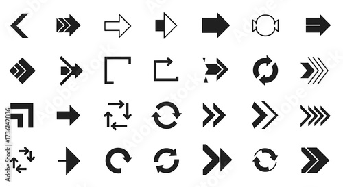 Set of Various Black Arrow Icons and Symbols on White Background Keywords: arrow, icon, symbol, direction, navigation, pointer, right, left, up, down, circular, refresh, reload, forward, back