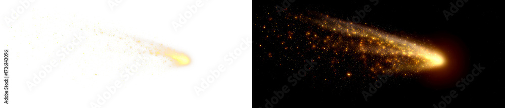 Fototapeta premium Bright Comet with Sparkling Tail in Dark Outer Space Display on Transparent and Black Background, png