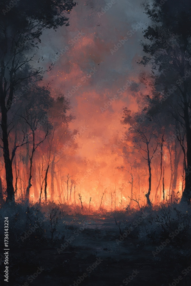 Fototapeta premium Forest Fires Fiery Glow - Silhouetted Trees Frame a Blazing Horizon, Painting the Sky with Intense Orange and Smoke.