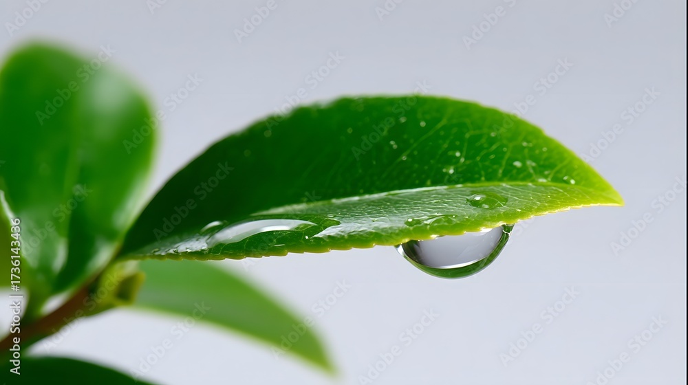 Fototapeta premium Close-up of a vibrant green leaf with a single water droplet resting on its surface, capturing the fresh and serene beauty of nature.