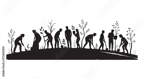 Silhouette of people planting trees and gardening vector