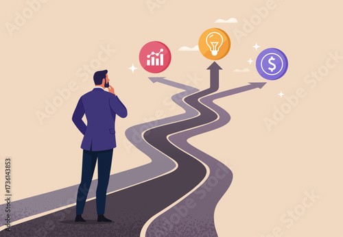 Business Choice Concept. Vector cartoon illustration of a businessman standing at a crossroads with paths leading to growth, innovation, and finance, symbolizing strategic decision-making.