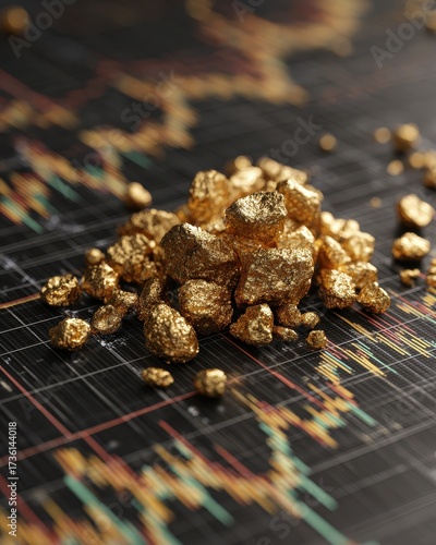 Gleaming Gold Nuggets Pile on Blurred Financial Stock Market Chart Background.