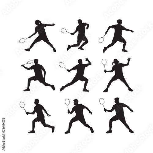 Silhouettes of badminton players in action poses sport