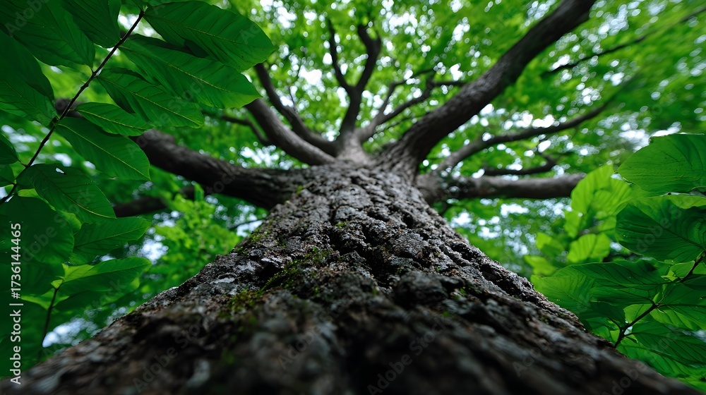 Obraz premium Towering tree with thick, weathered bark and a canopy of vibrant green leaves, thriving in the heart of a serene, verdant forest landscape