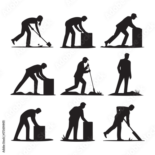 Silhouettes of People Working with Boxes and Shovels