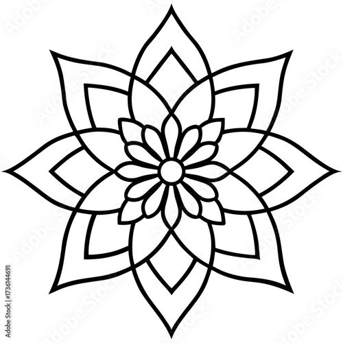 Intricate floral mandala with symmetrical petals line art illustration