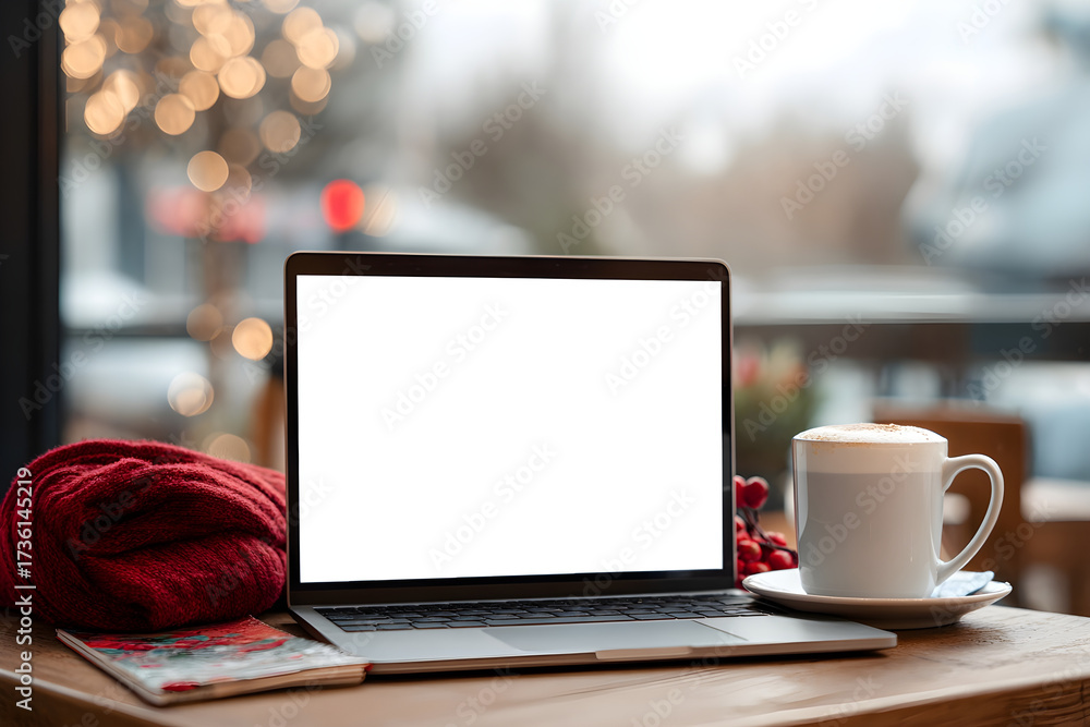 Fototapeta premium Laptop with blank screen by Christmas mug and red blanket
