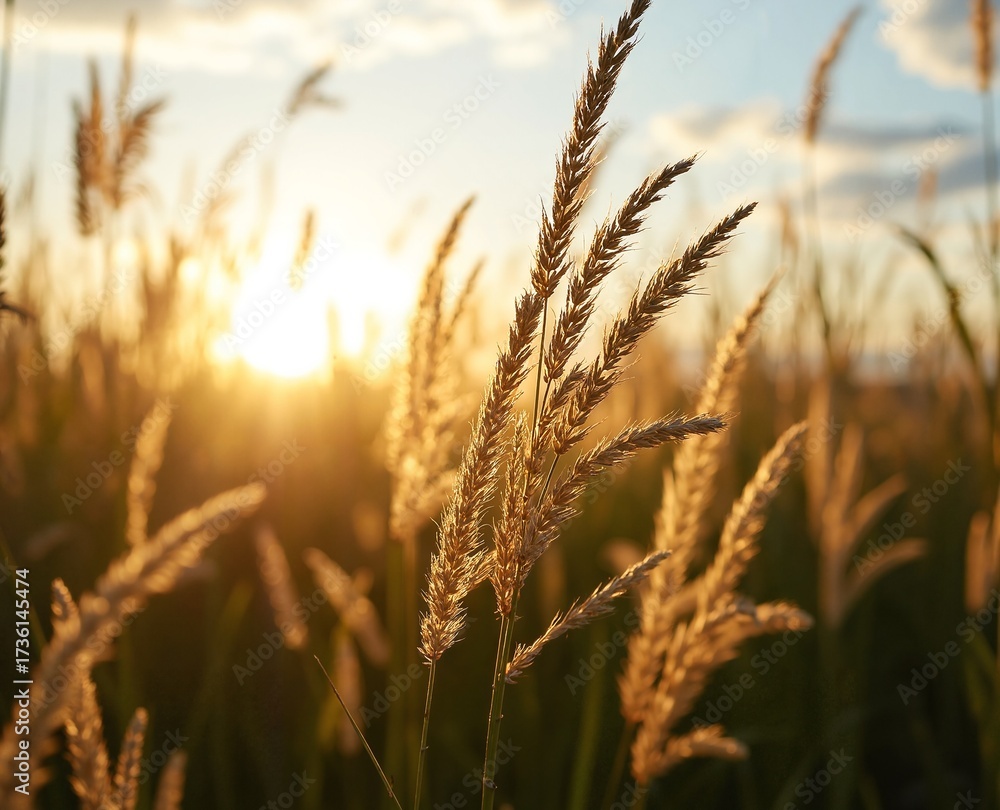 Obraz premium Side-angle view of tall golden wild grasses in a sunlit field at warm evening golden hour with detailed high-contrast texture
