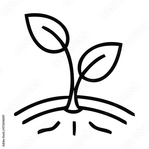 Black and White Line Drawing of a Young Plant Sprouting from the Ground in plant, sprout, seedling, growth, nature, vector illustration.