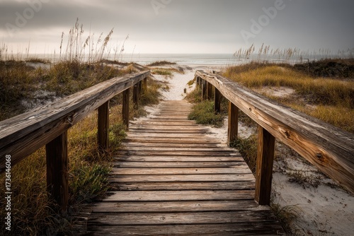 Wooden walkway leading to a sandy beach