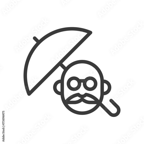 senior citizen insurance clip art icon symbol, old man under umbrella, isolated thin line vector illustration