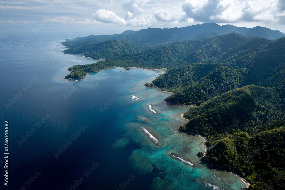 Fototapeta premium Indonesian island aerial view, lush green forests and blue ocean, 