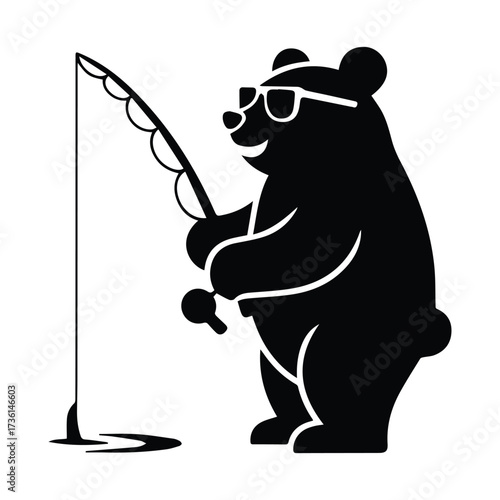 Smiling bear wearing sunglasses holds fishing rod with bobber ready to catch fish silhouette