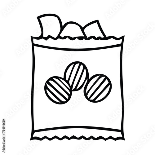 Black and white outline drawing of an open bag of potato chips with three chips visible, vector illustration.