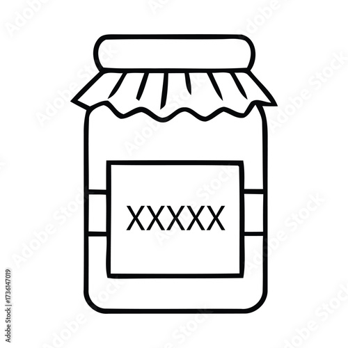 Black and white outline icon of a jar of preserves with a label in a jar, preserves, jam, jelly, food, container, storage, vector illustration.